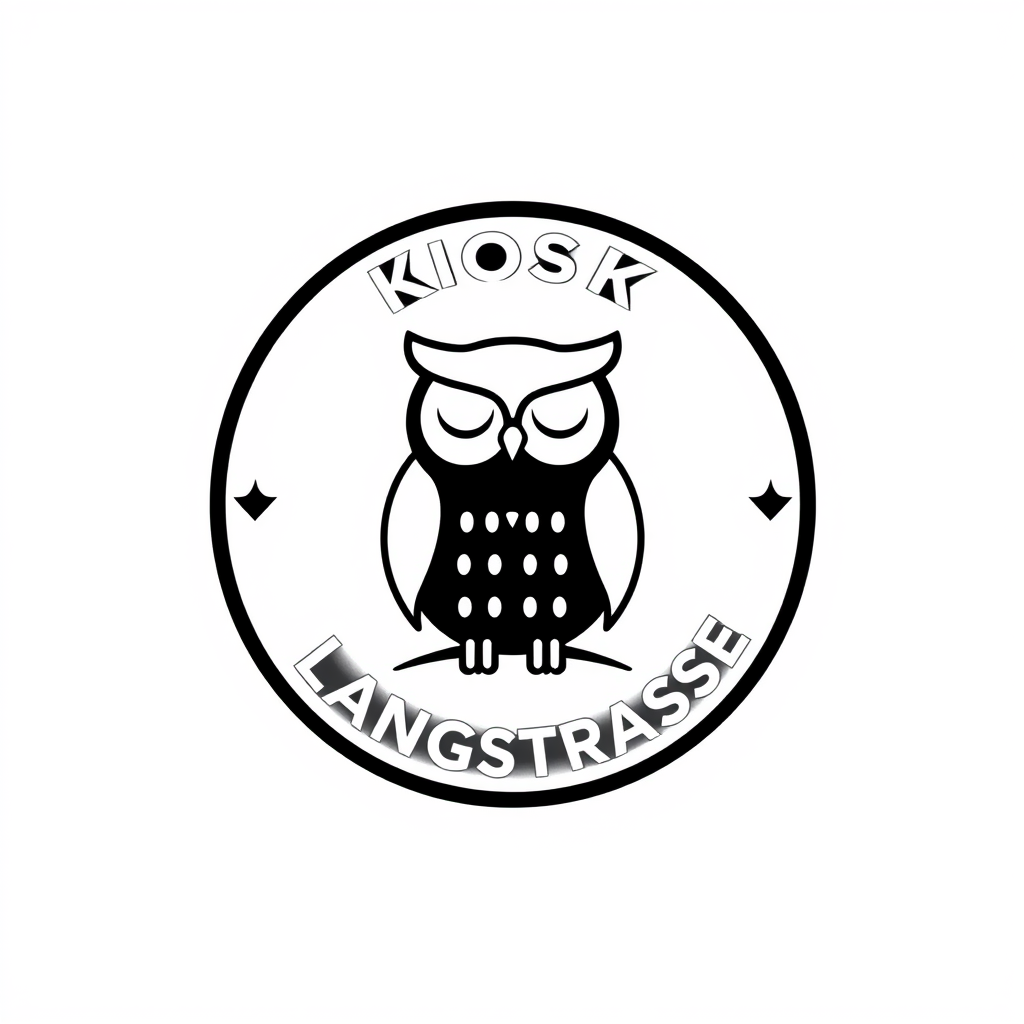 Minimalist Logo idea: minimalist logo, simple geometric mark for “Circular KIOSK LANGSTRASSE badge, centered cool sleepy owl, KIOSK top, LANGSTRASSE bottom, black & white, 