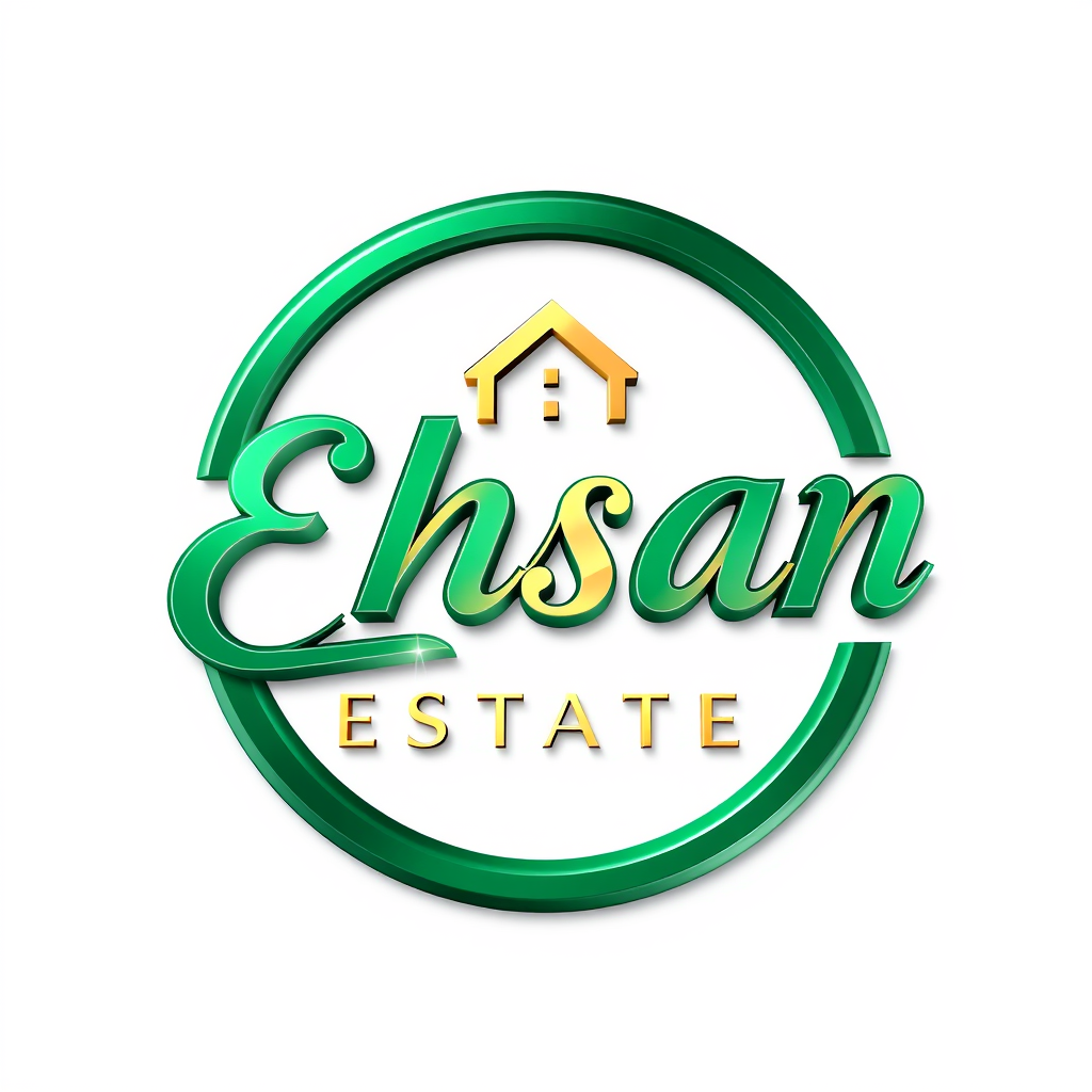 3D Logo idea: 3D logo for campany name is Ehsan Estate, a Property developer, logo with color emarald green with Ehsan Estate wording in champagne gold , three-dime