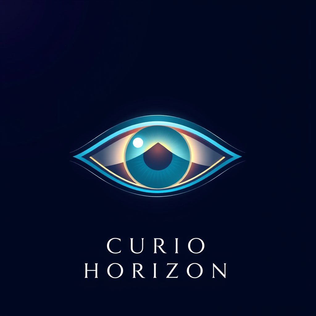 Main logo studio: Create an iconic premium logo for “CURIO HORIZON”. Deep midnight-blue to violet cosmic background with subtle stars and a soft glowing nebula. In the 