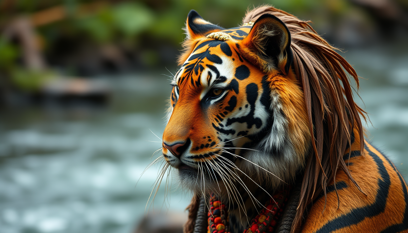 Main logo studio: Create a very small image of a shaman, using forest colors.foul mystery River non-aggressive tiger