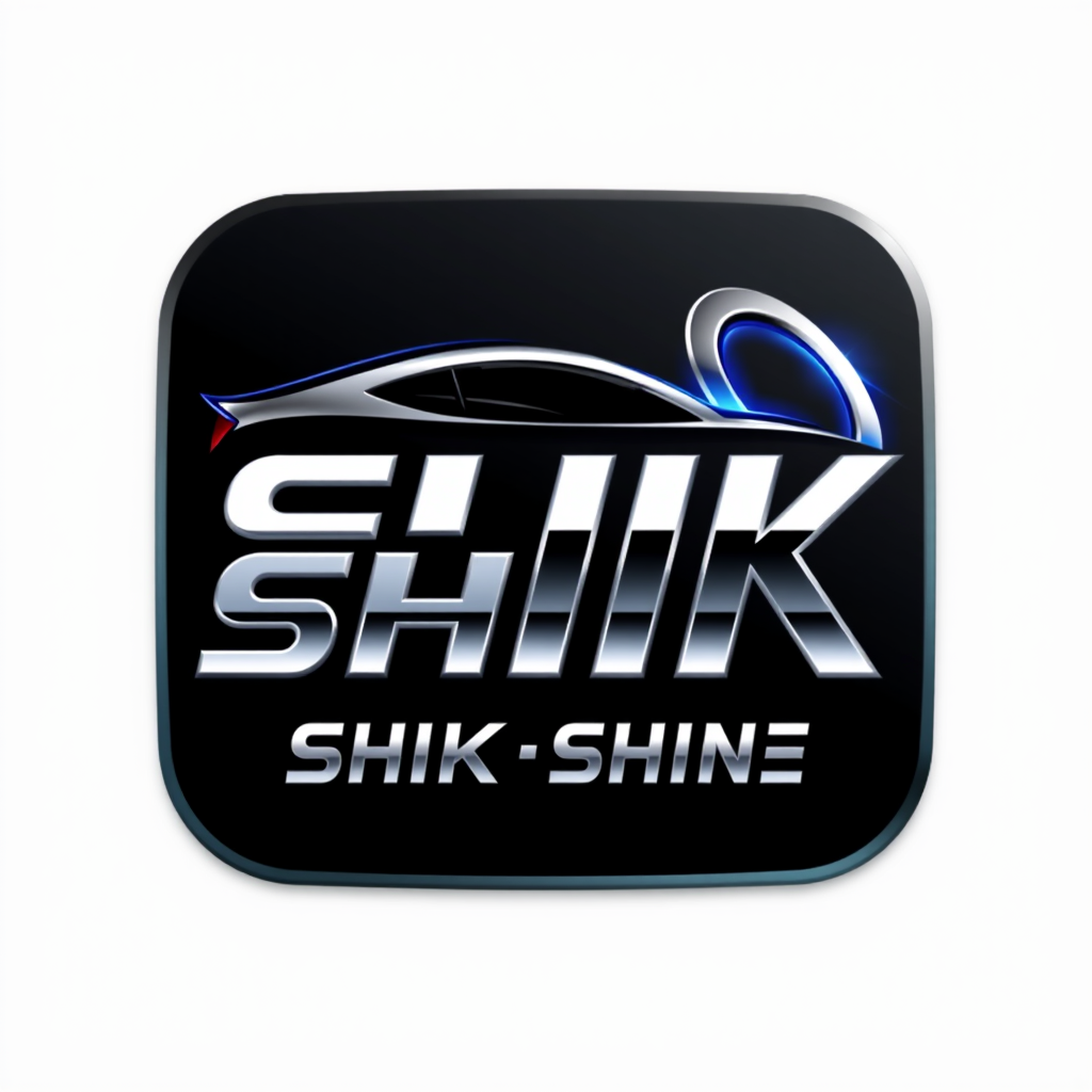 Main logo studio: SHIK SHINE — premium square profile logo, sleek car form built into SHIK, orbital polisher form built into SHINE, both integrated into the letters, bl