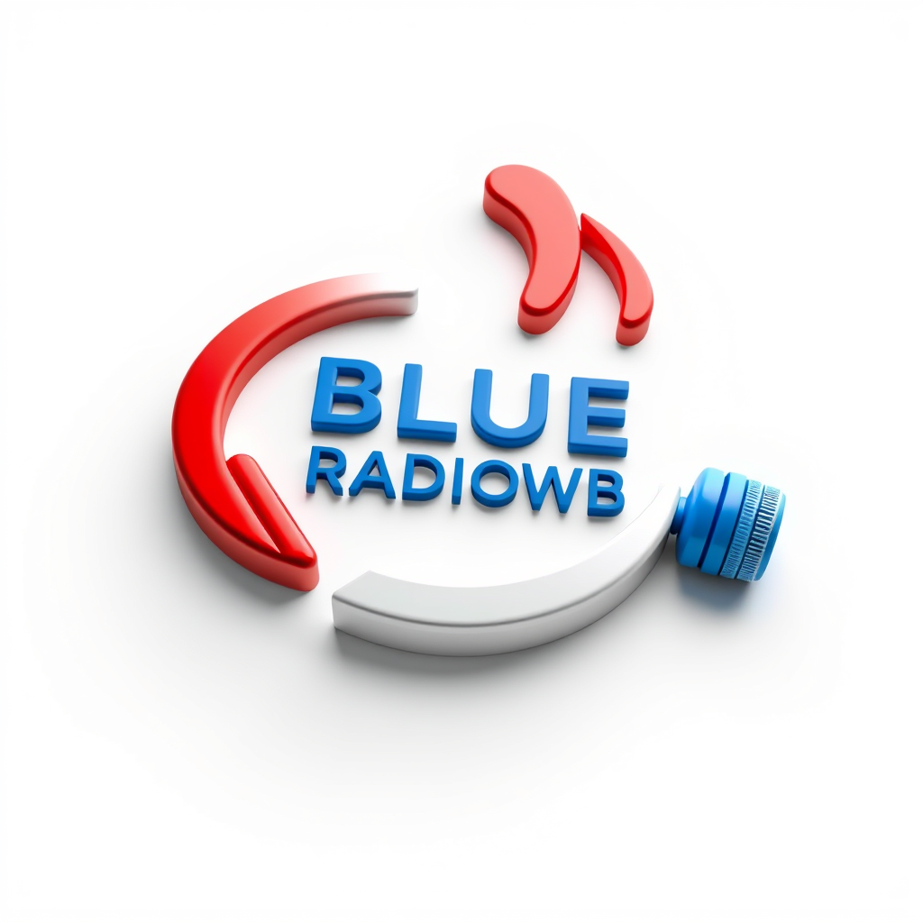 3D Logo idea: 3D logo for BLUERADIOWEB LISTEN TO YOUR MUSIC a music brand, sound white blue red , three-dimensional render, realistic depth and shadows, glossy or m