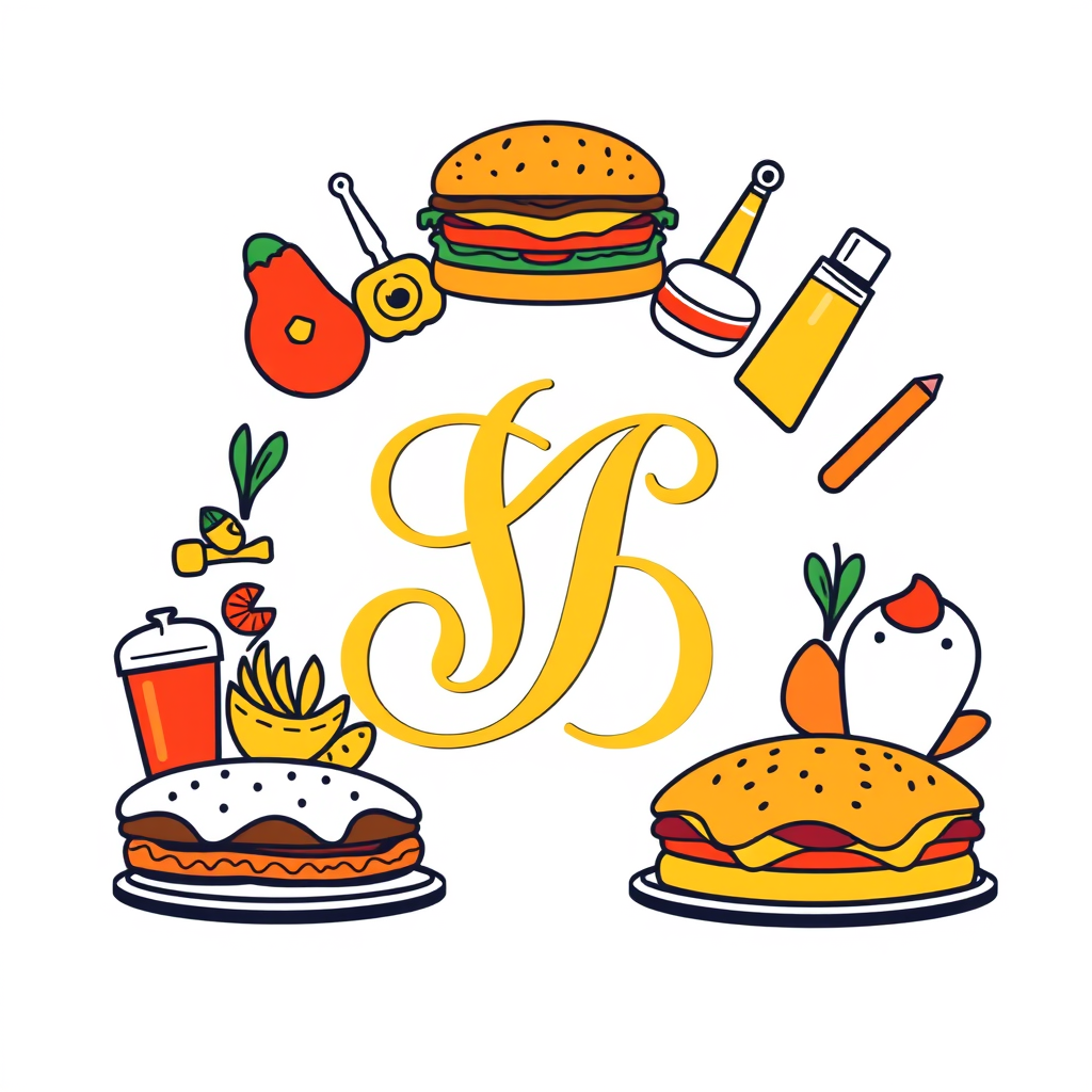Monogram Logo idea: monogram logo combining the letters Create a colorful, modern and unique restaurant logo with illustrations of burger, shawarma, sandwiches, juice, pa