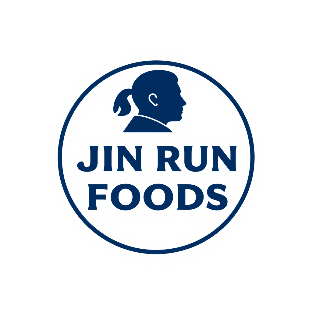 Badge Logo idea: badge logo for 金润 JIN RUN FOODS 金润 must in the logo round logo background navy blue human profile in the logo food shop , bold badge design, text encl