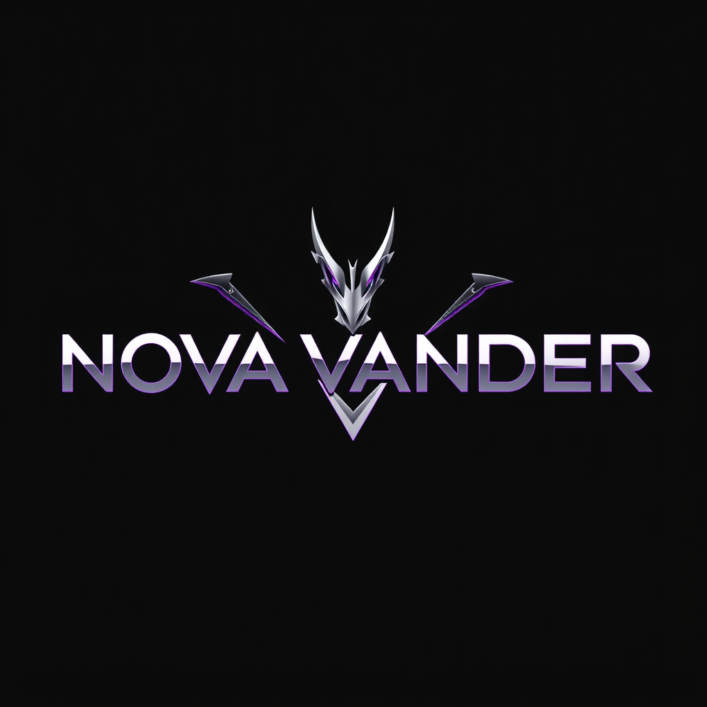 Main logo studio: Create a wide horizontal wordmark for "NOVA VANDER". Do not place the logo inside a circle or badge. Integrate a sleek dragon head directly into the l