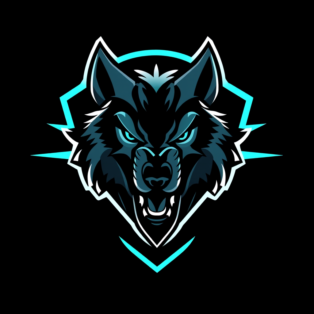 Main logo studio: bold esports team emblem, a roaring wolf head, black and neon teal