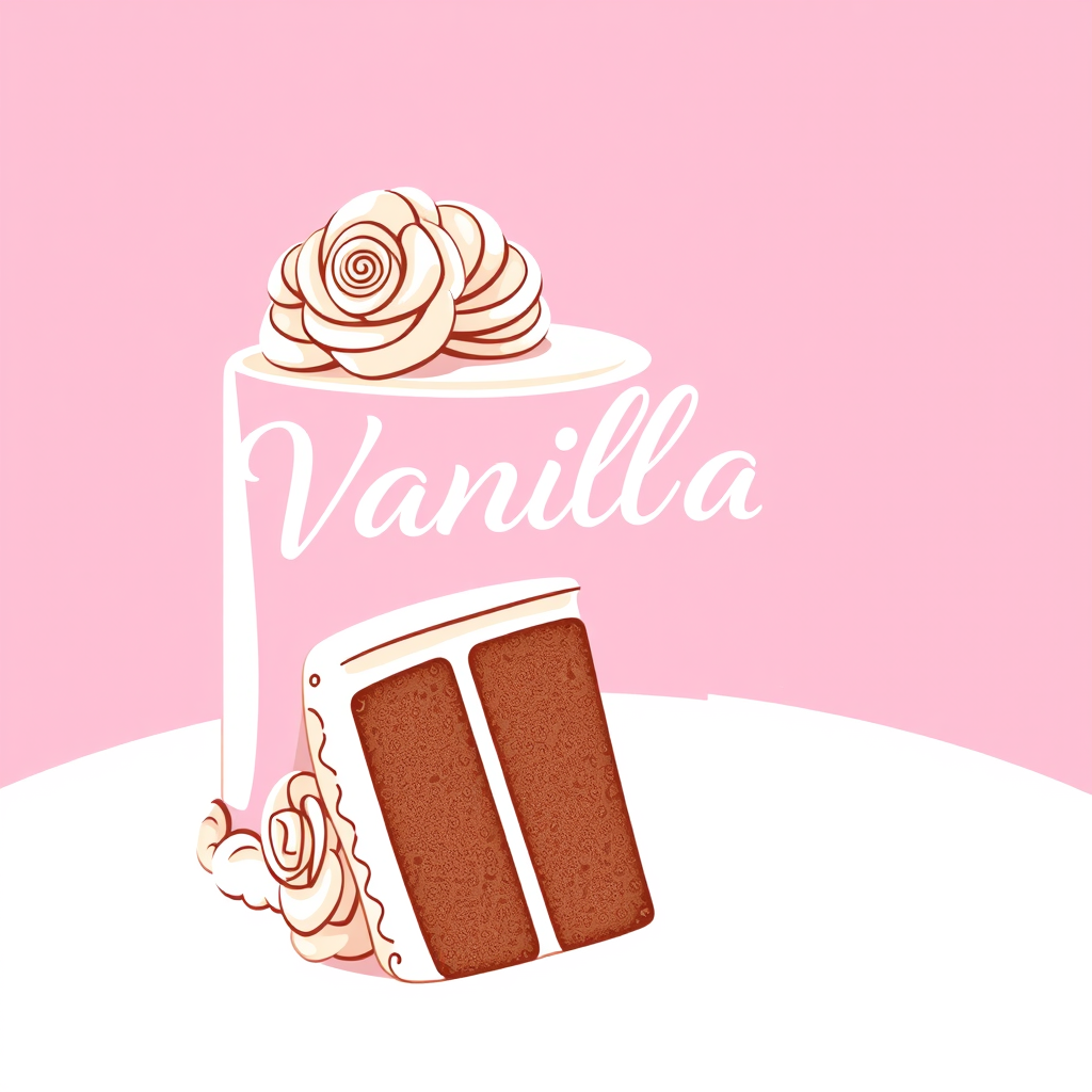 Main logo studio: I want a 2D logo featuring a large, beautiful professional bakery cake, with a soft pink and white background. Include the brand name “Vanilla Cake” c