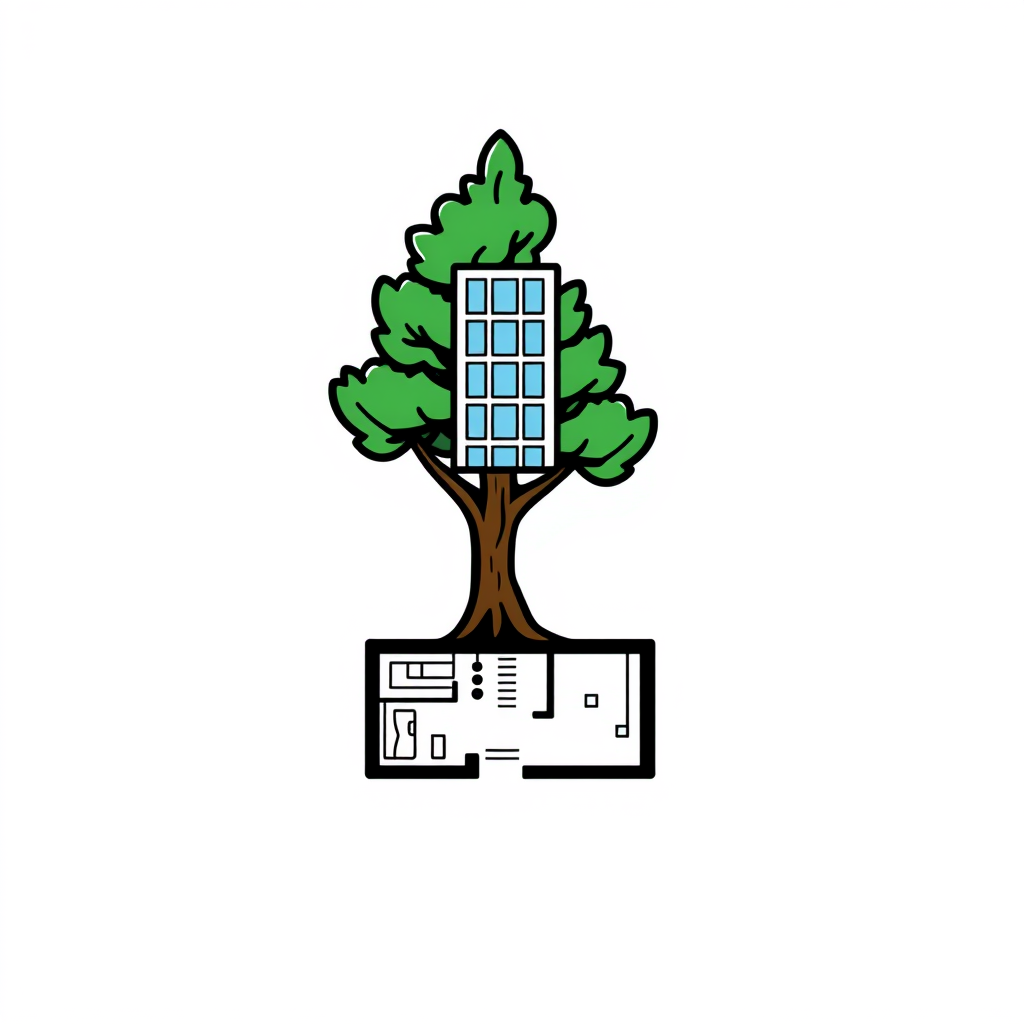 Cartoon Logo idea: cartoon style logo for 517”} Minimalist cartoon logo of a stylized cypress tree growing from an architectural floor plan, with its crown subtly transf