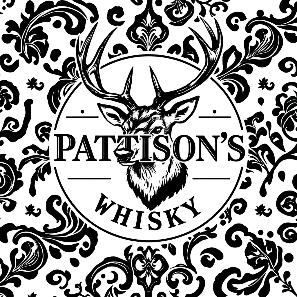 Vintage Logo idea: vintage retro logo for Pattison's whisky, paisley pattern black and white, classic traditional and authentic malt whisky, very Scottish design like pa