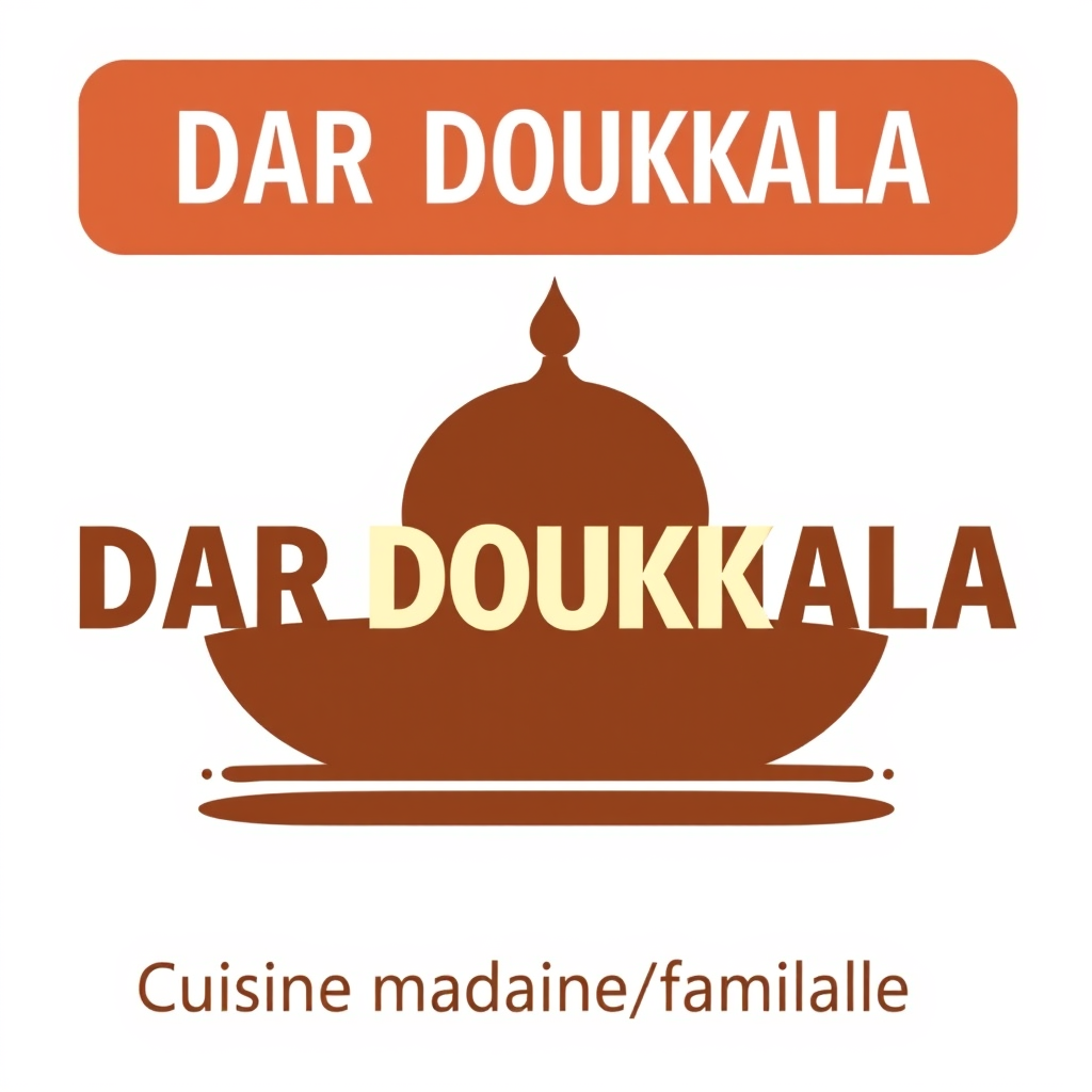 Wordmark Logo idea: wordmark logo of Logo typographique « DAR DOUKKALA » avec slogan « Cuisine marocaine familiale ». Style marocain moderne, élégant et premium. Couleurs