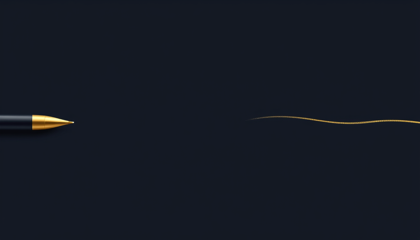 Main logo studio: Minimal premium YouTube banner, 2560x1440, matching a pen-nib logo. Dark navy background with one elegant gold pen nib on the left and a single smooth
