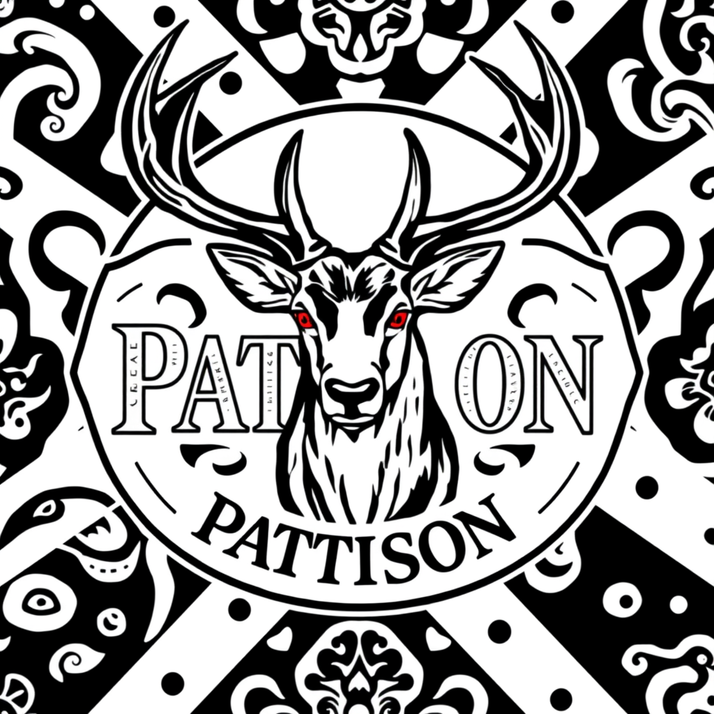 Vintage Logo idea: vintage retro logo for Pattison whisky, paisley pattern black and white, classic traditional and authentic malt whisky, Scottish design like paisley p