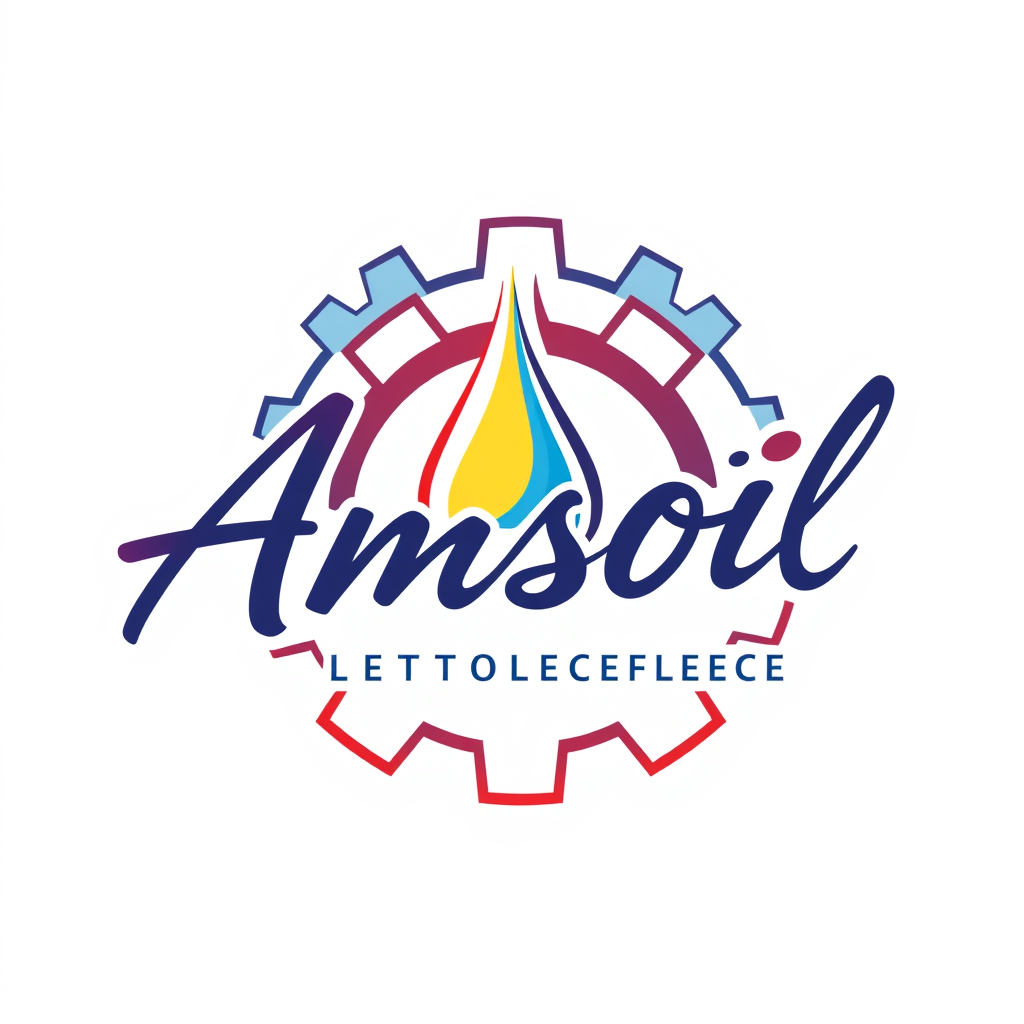 Signature Logo idea: signature logo of the name Amsoil Synthetic Distribution LLC , gear icon with oil drop, red and blue colors, bold professional automotive style , eleg