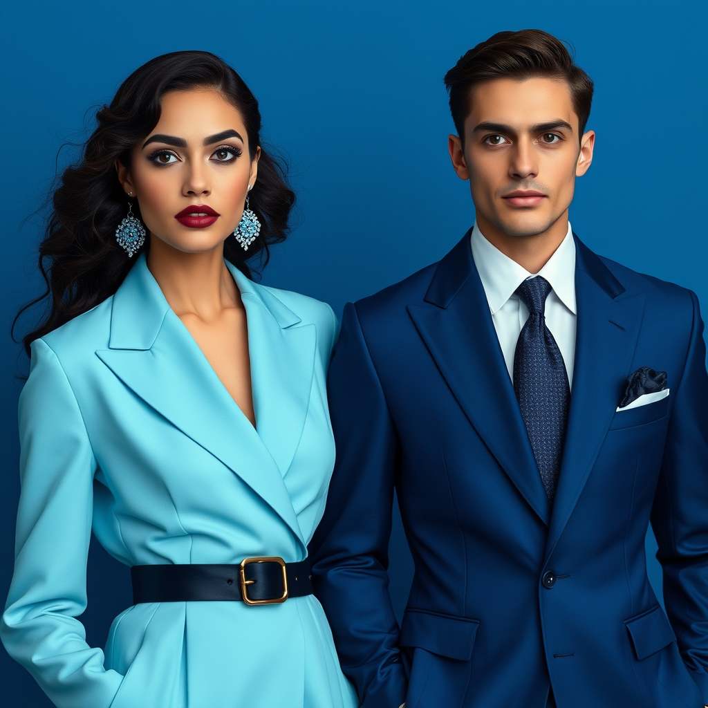 Main logo studio: a woman and man wearing elegant clothes with the shades of sky blue & dark blue