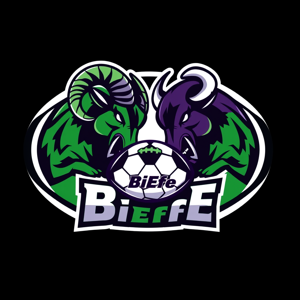 Main logo studio: Create a bold professional fantasy football ovale logo for a team called “BiEffe”. Use green and purple as the main colors. Show an aggressive ram and
