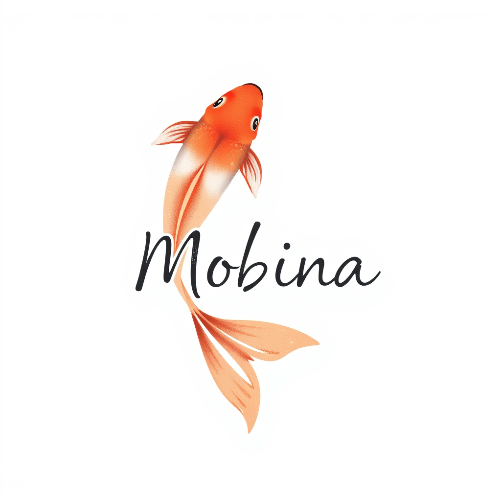 Minimalist Logo idea: minimalist logo, simple geometric mark for Minimalist personal artist logo for “Mobina”. A small koi fish viewed from above, swimming upward, drawn wi