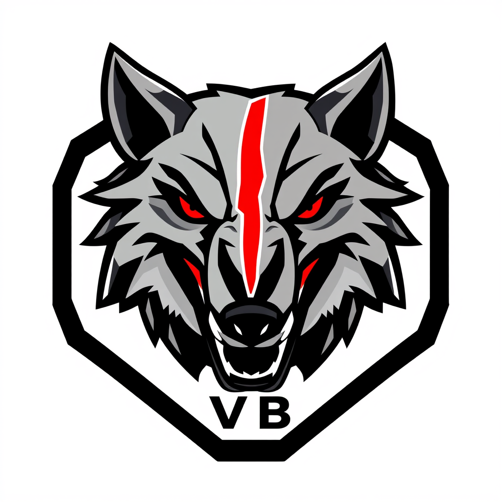 Main logo studio: Esports logo, front-facing symmetrical wolf head, mouth open snarling with sharp fangs, angular geometric fur lines. Head split by a jagged vertical r