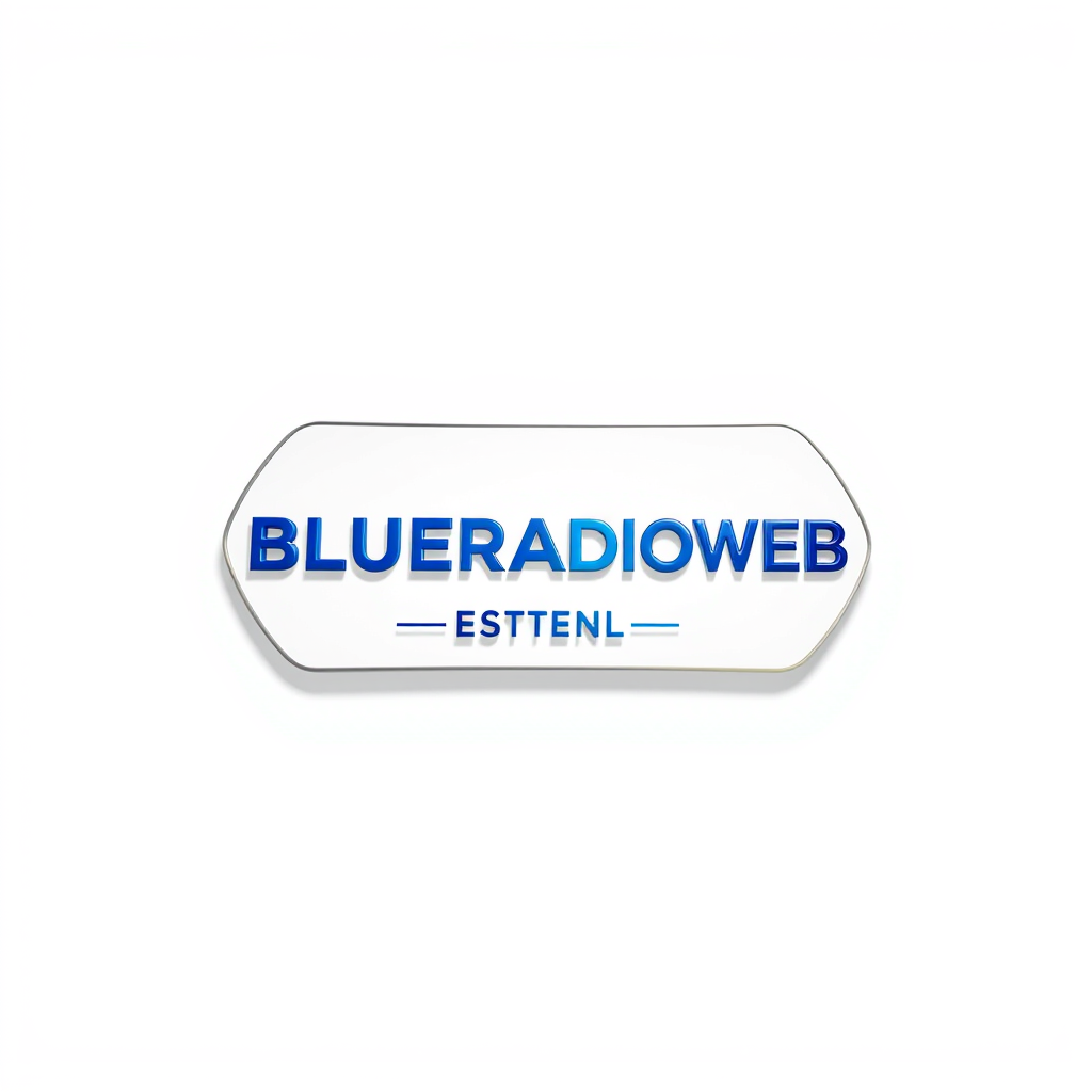3D Logo idea: 3D logo for BLUERADIOWEB LISTEN TO YOUR MUSIC , three-dimensional render, realistic depth and shadows, glossy or metallic surface, dramatic lighting, 