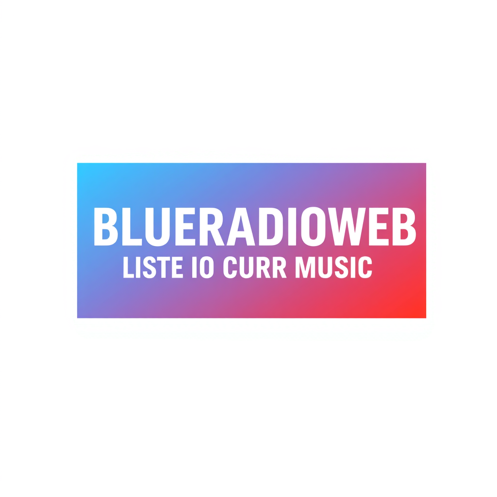 Wordmark Logo idea: wordmark logo of BLUERADIOWEB LISTEN TO YOUR MUSIC en blanc dans un rectangle bleu et rouge dégradé , bold clean typography, flat vector logo, centere