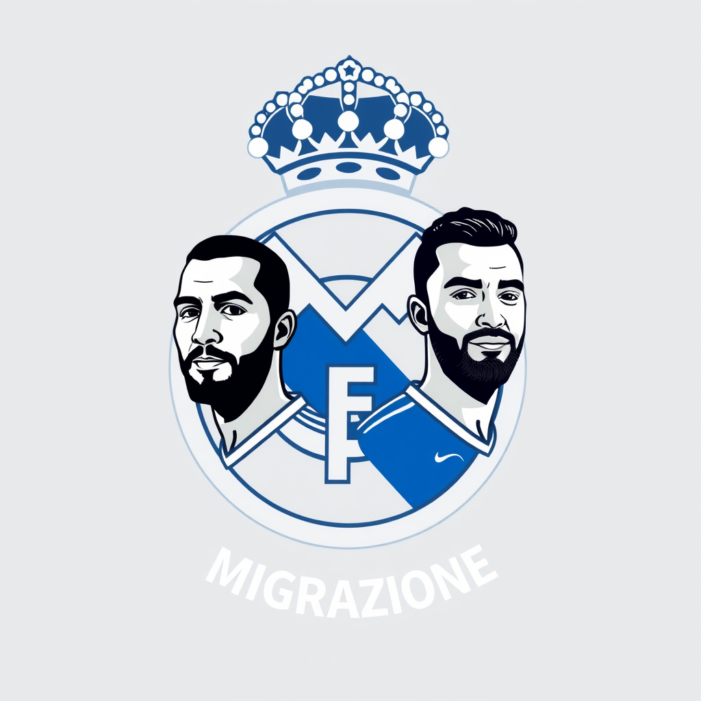 Main logo studio: Logo of real Madrid with the face of Brahim Díaz and Hakimi with the moroccan shirt on and the team name Real Migrazione. I want the face of Brahim an