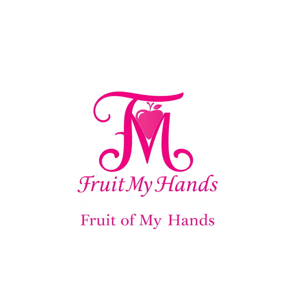 Monogram Logo idea: monogram logo combining the letters the words "Fruit of My Hands" created with an elegant style, colored HOT PINK, in the shape of fruits , elegant in