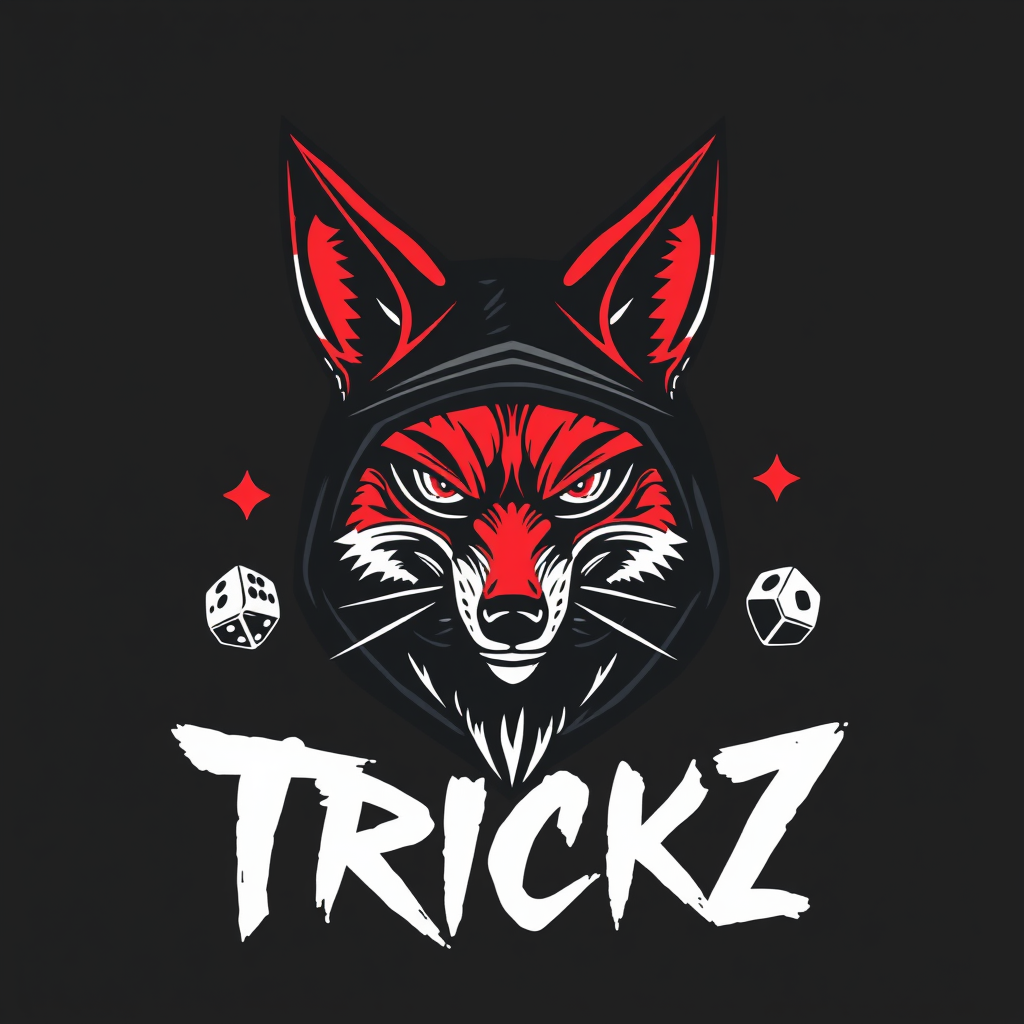 Main logo studio: “TRICKZ, urban streetwear crew logo, mysterious fox soldado o mafioso wearing a half mask, sharp eyes, playing cards and subtle dice elements, black a