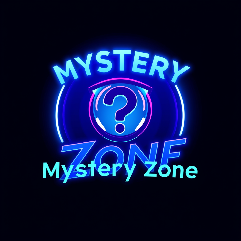 Main logo studio: modern gaming and mystery logo for mystery zone neon blue and purple colors dark background clean bold typography subtle maginfying glass and question