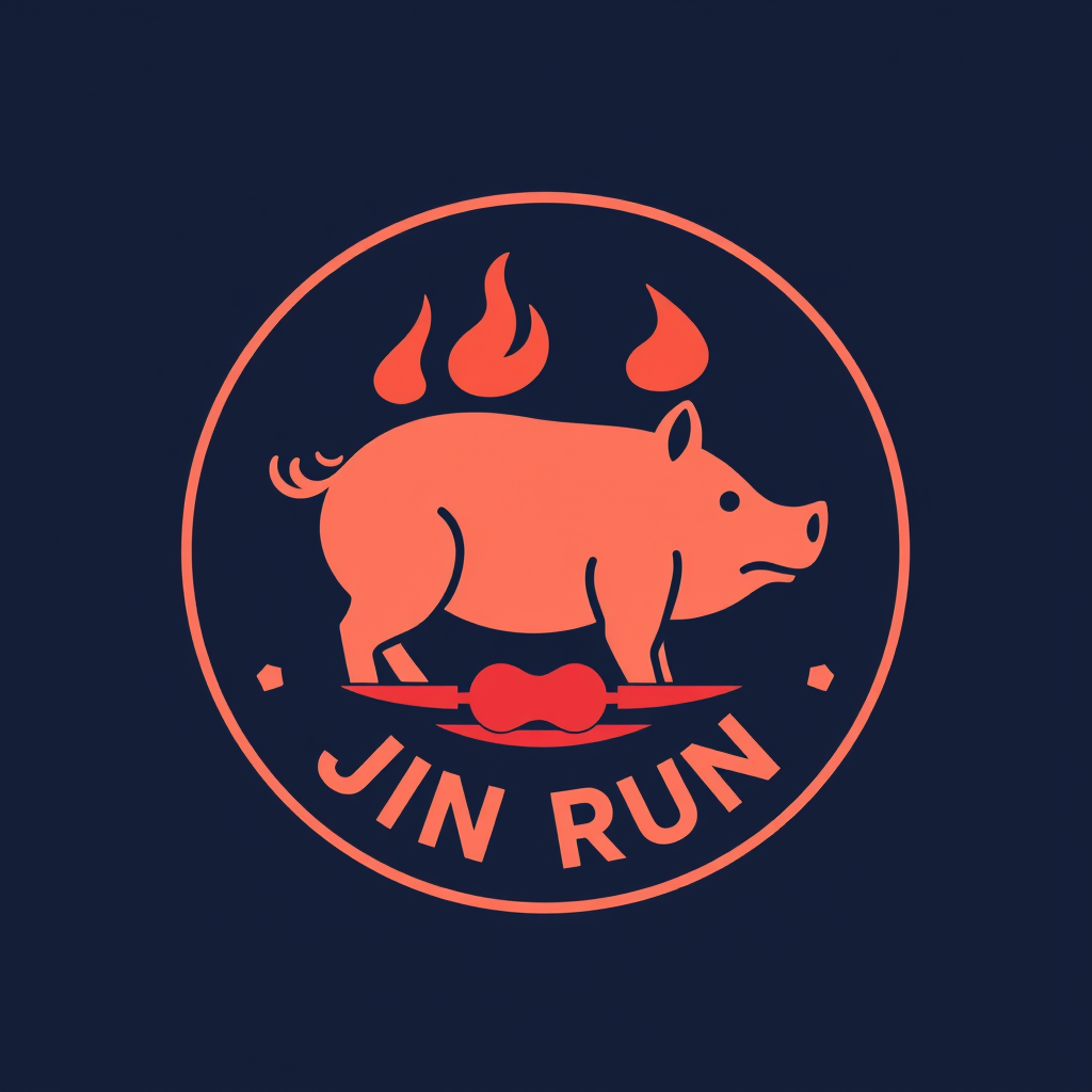 Main logo studio: 金润 JIN RUN FOODS logo background in navy blue make it round logo roasted pig shop but without pig image with a human profile icon in it