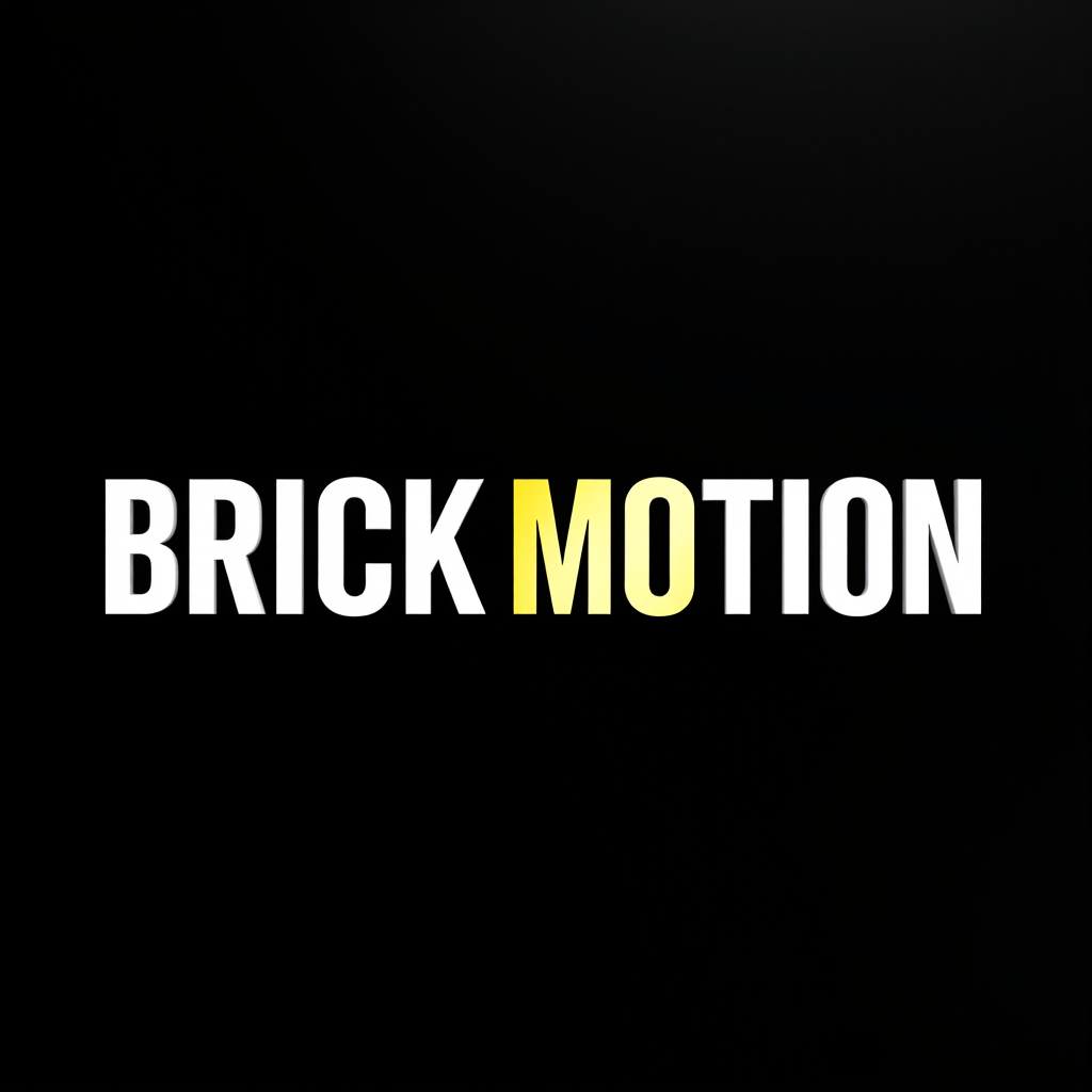 Main logo studio: Minimalist YouTube profile picture for a LEGO stop-motion channel called “BrickMotion”. Solid black background, large bold modern white text “BRICKMOT