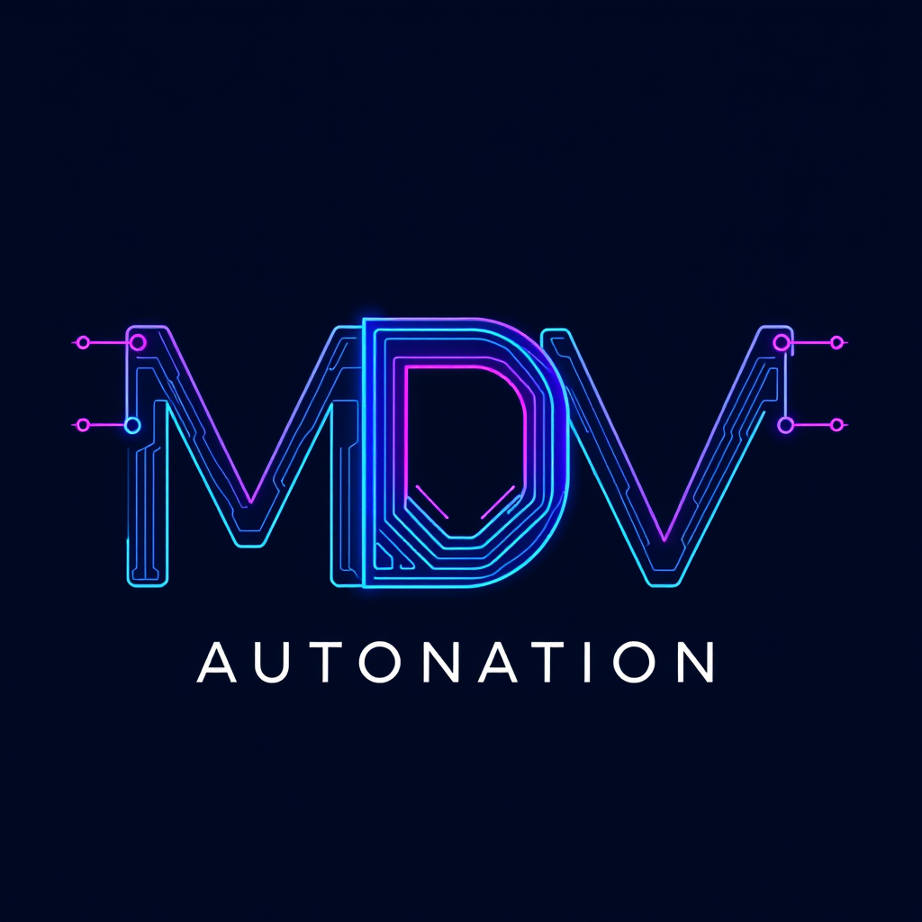 Main logo studio: Premium MDV Automation logo. Create M+D+V as ONE single continuous circuit-style monogram. The entire MDV must look like one connected electronic circ