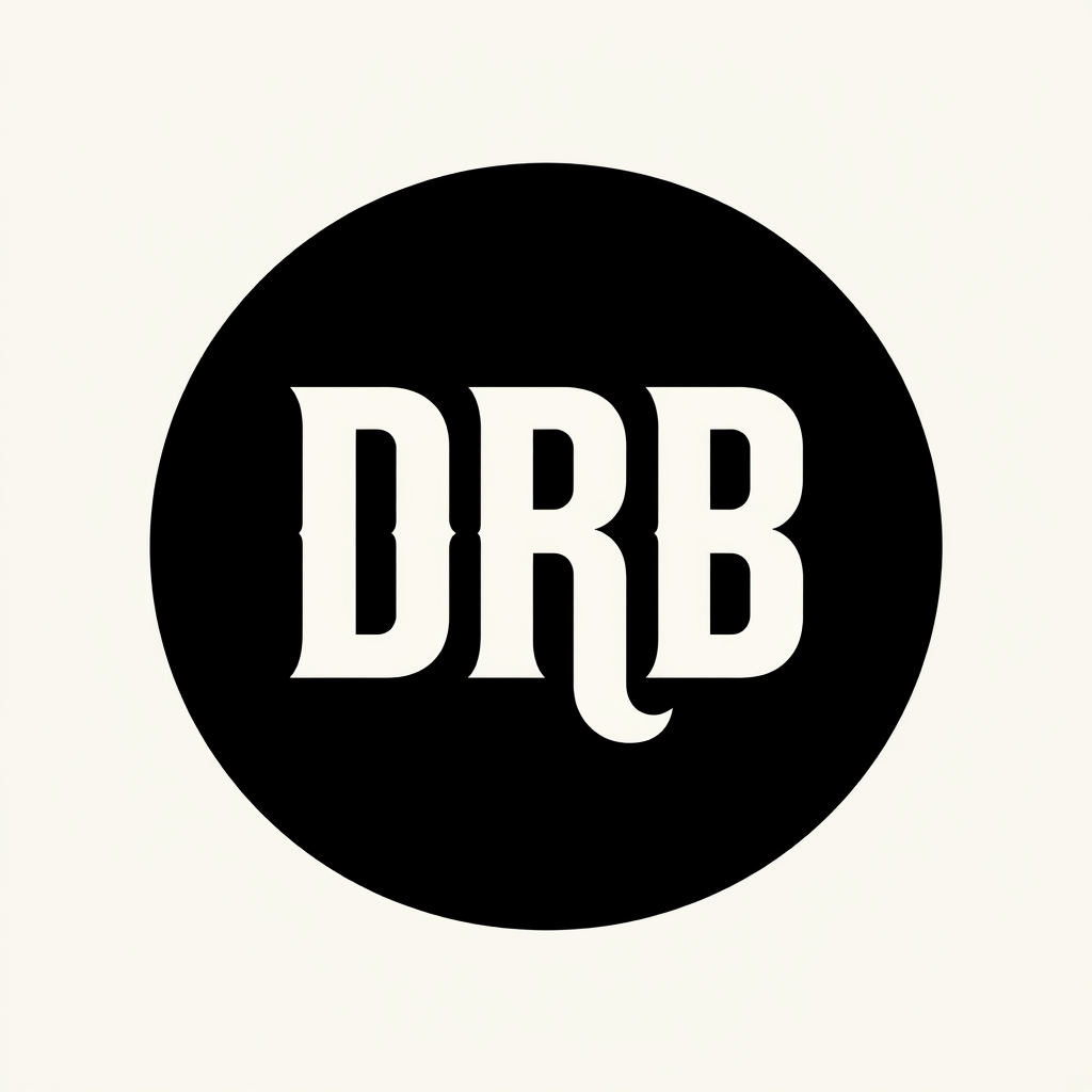 Main logo studio: Create a minimalist monogram logo using the letters DRB merged into one single symbol. The letters must be interconnected and visually balanced, with