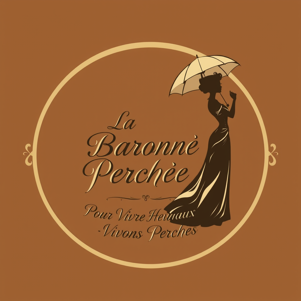 Main logo studio: Crée un logo élégant. Bicolore crème et brun . Un cadre ovale doré rococo ombré. Écris au centre : La Baronne Perchée. écriture manuscrite calligraphi