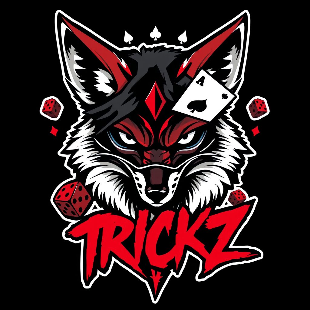 Main logo studio: “TRICKZ, urban streetwear crew logo, mysterious fox wearing a half mask, sharp eyes, playing cards and subtle dice elements, black and crimson red, ag