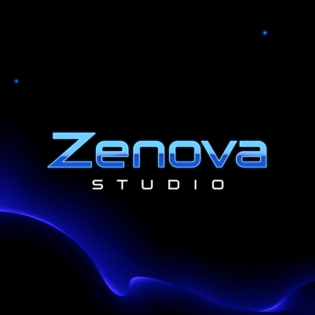 Main logo studio: Create a professional Roblox game studio banner for “Zenova Studio”. Exact size: 720x228 pixels, wide 15:4 format. Use a dark futuristic space backgro