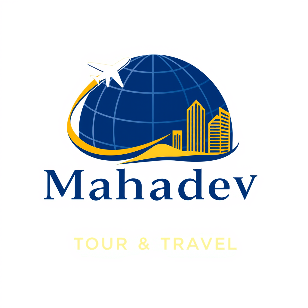 Main logo studio: Create a premium, elegant vector logo for “Mahadev Tour & Travel and Property”, inspired by the references. Use a refined globe, subtle airplane, flow