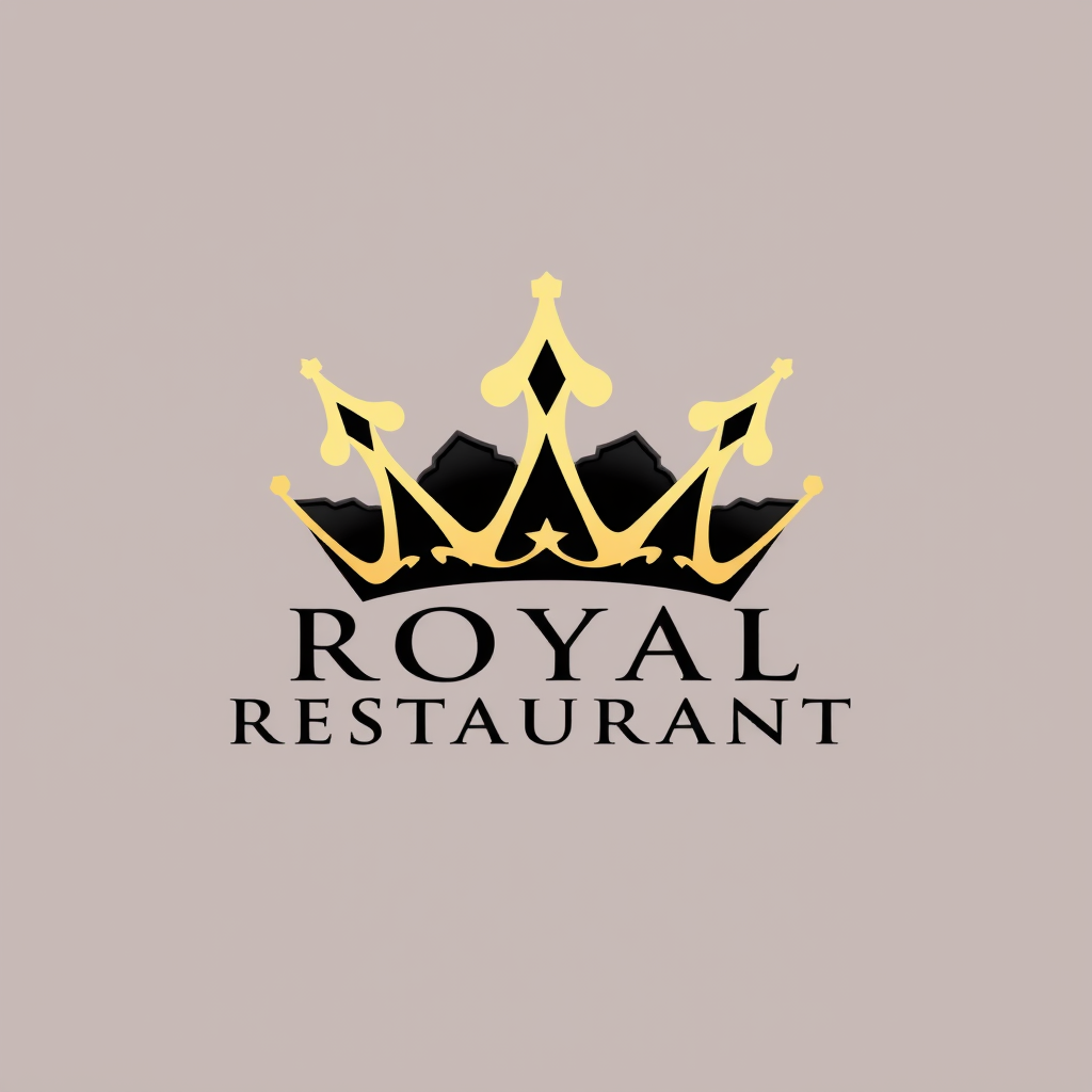 Main logo studio: ROYAL RESTAURANT, luxury crown logo, black and champagne gold, fine dining, premium 5-star hotel style