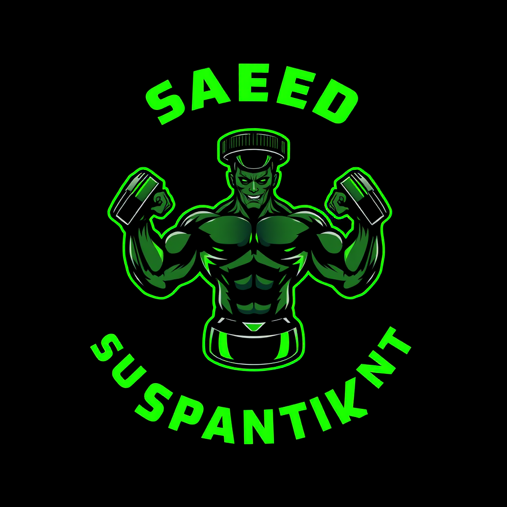 Main logo studio: Create a dark hardcore bodybuilding logo. Center: one black supplement bottle with a muscular body and two muscular arms, holding one dumbbell in each
