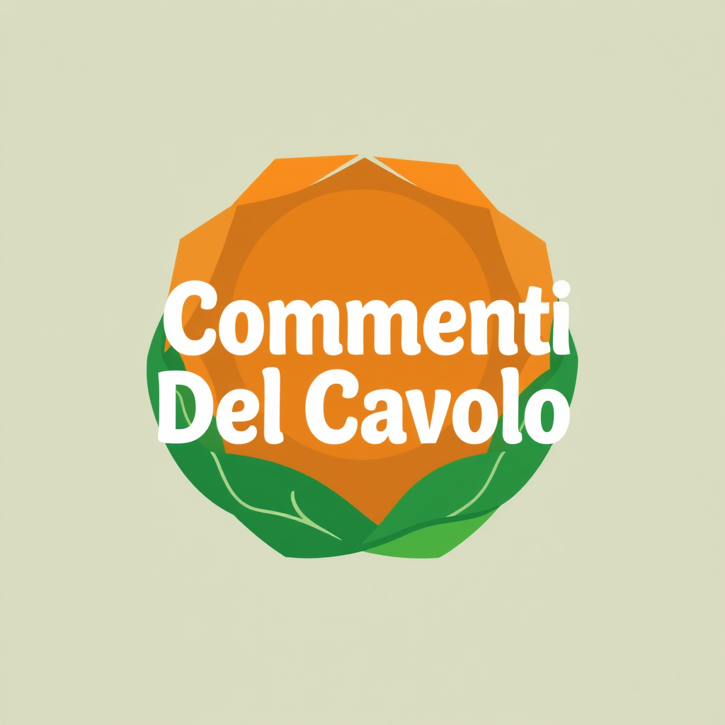 Main logo studio: geometric cabbage logo for a ironic account app, friendly, orange and green. Add the title "Commenti Del Cavolo"