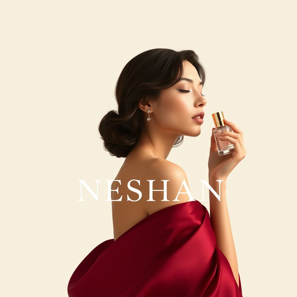 Main logo studio: NESHAN — luxury women’s perfume brand, elegant feminine woman spraying perfume on herself, sophisticated, graceful, minimal, premium fragrance aesthet