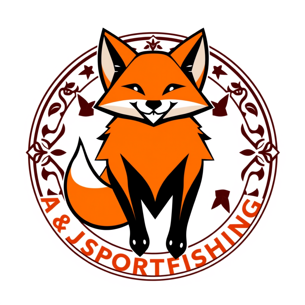 Emblem Logo idea: emblem logo of friendly geometric fox mascot logo for a kids learning app, orangeExact text: A & J SPORTFISHING. , intricate crest seal badge design, 