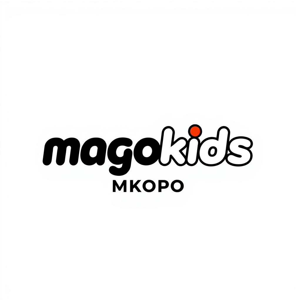 Wordmark Logo idea: wordmark logo of MAGOKIDS PHONE MKOPO , bold clean typography, flat vector logo, centered, solid white background, high contrast, professional brand i