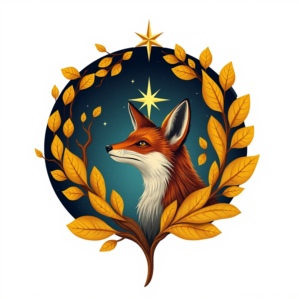 Main logo studio: A fox head inside a gold leaf oak with a north star on the top