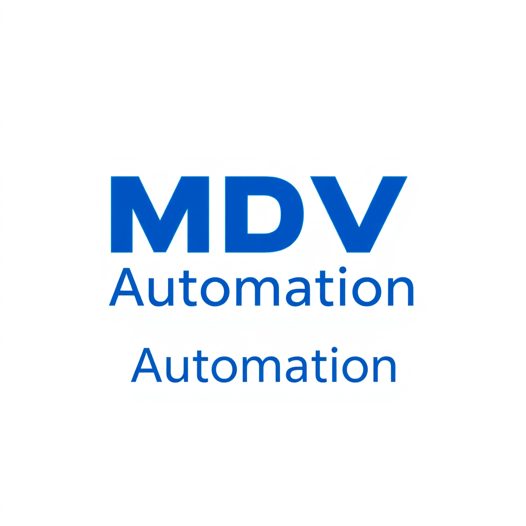 Main logo studio: Create a professional logo with “MDV” in large bold blue letters, where the letters M, D and V are visually connected and joined together using a cont