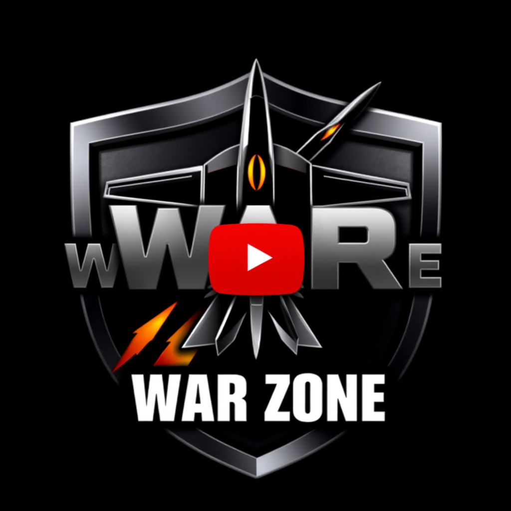 Main logo studio: Create a professional YouTube logo for WAR ZONE. Dark steel shield, modern fighter jet silhouette, black and metallic silver colors with orange highli