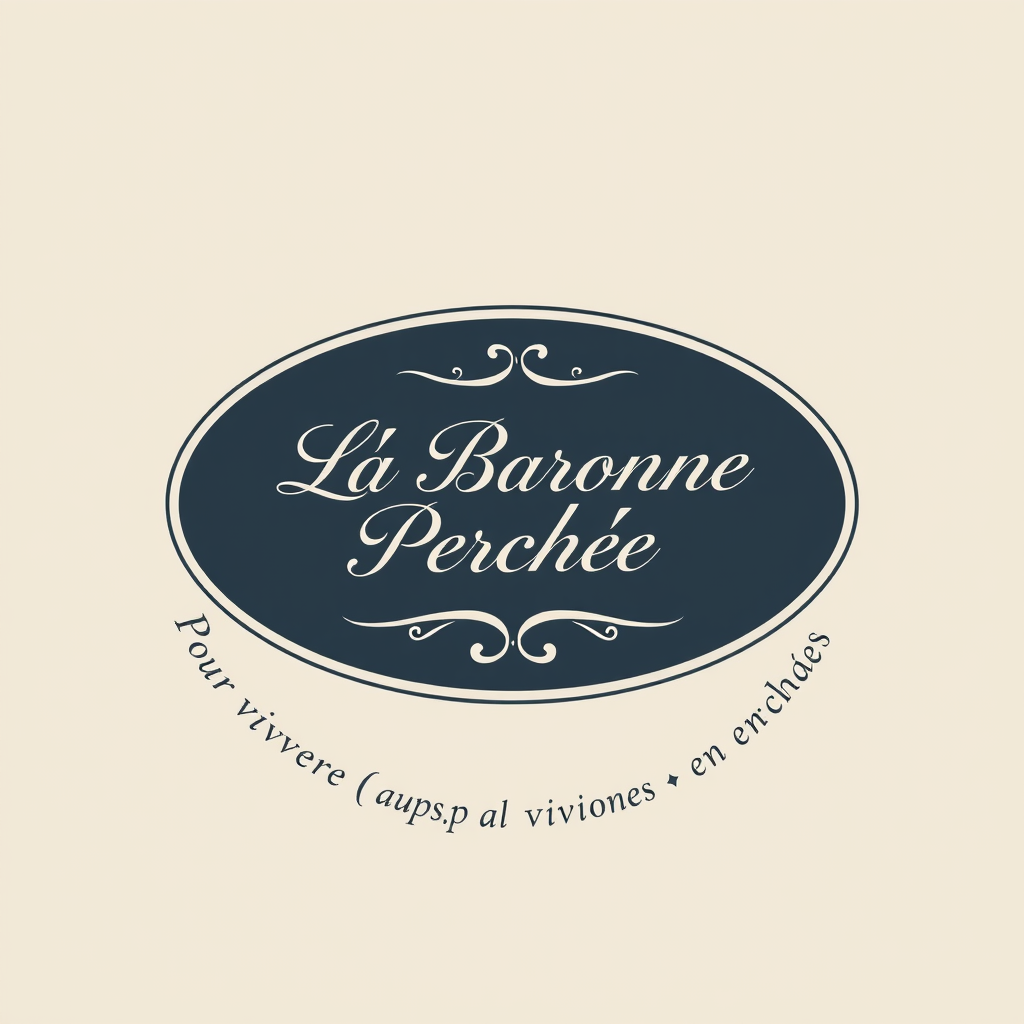 Main logo studio: Crée un logo élégant. Au centre : « La Baronne Perchée » en écriture manuscrite calligraphiée. Le slogan est écrit autour, en ovale: « Pour Vivre Heur