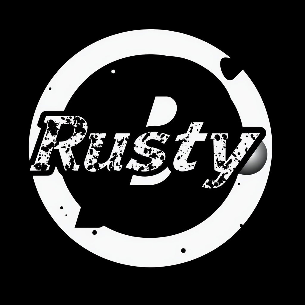 Main logo studio: "RustyB" on black and White, with a black metal font, motorbike style font, no block letters, letters are black and just white around the letters, and