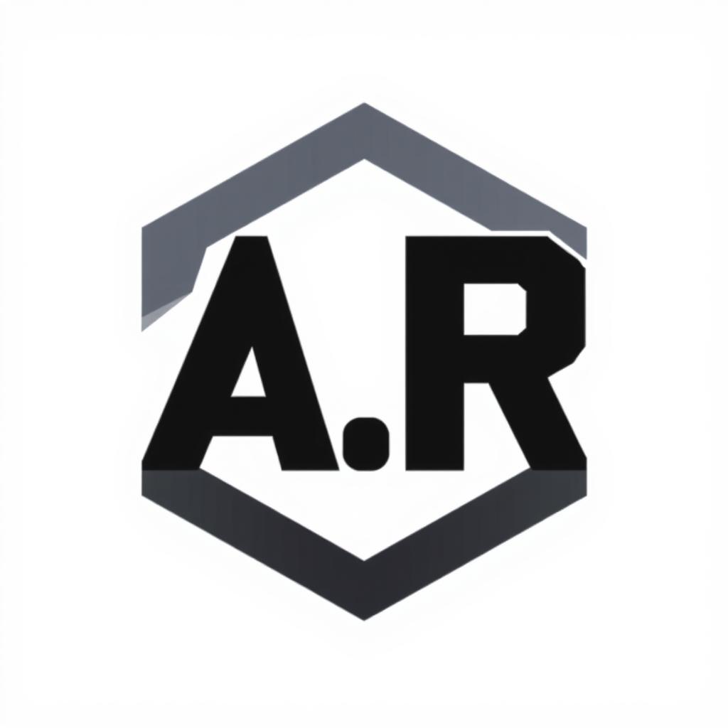 Main logo studio: Minimalist dark logo using the initials “A.R”, sharp geometric typography, cinematic video editor style, black and white, premium, bold, clean, symmet