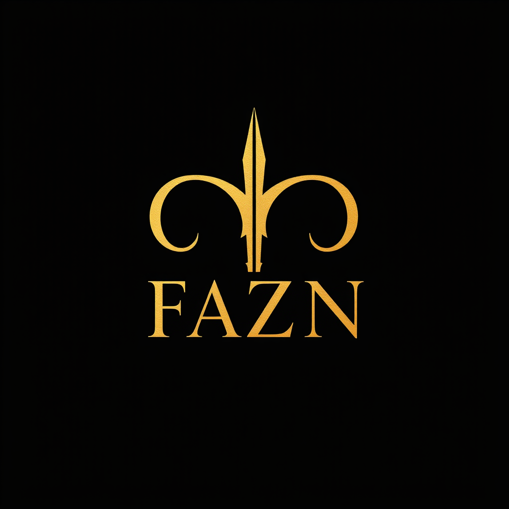 Main logo studio: ELEGANT SIGNATURE monogram logo combining letters FAZN gold, luxury brand “Create a logo for my brand named FAZN . background COLOR SHOULD BE BLACK. L