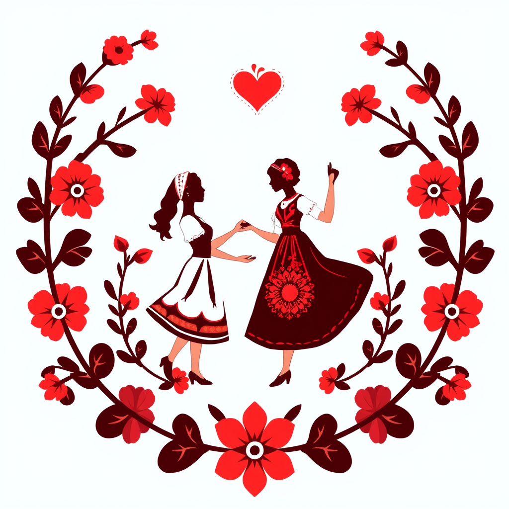 Main logo studio: Stwórz kolorowe, radosne logo na białym tle dla „KGW Krzemieniew”. Polski folklor inspirowany wzorami łowickimi. Dodaj stylizowaną wiejską kobietę w c