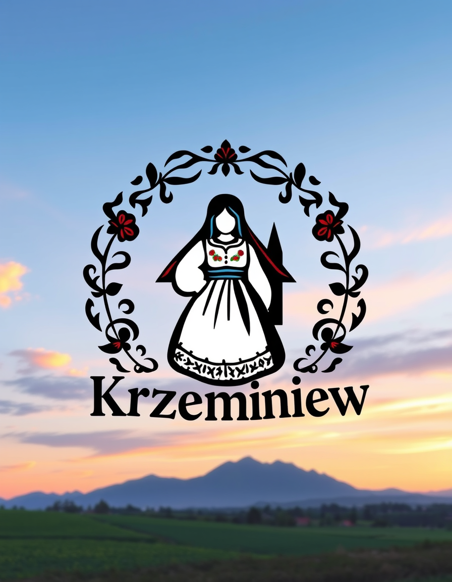 Main logo studio: Zaprojektuj radosne, efektowne logo dla „KGW Krzemieniew”, inspirowane polskimi dożynkami i folklorem. Centralnie umieść wiejską kobietę, otoczonegą w